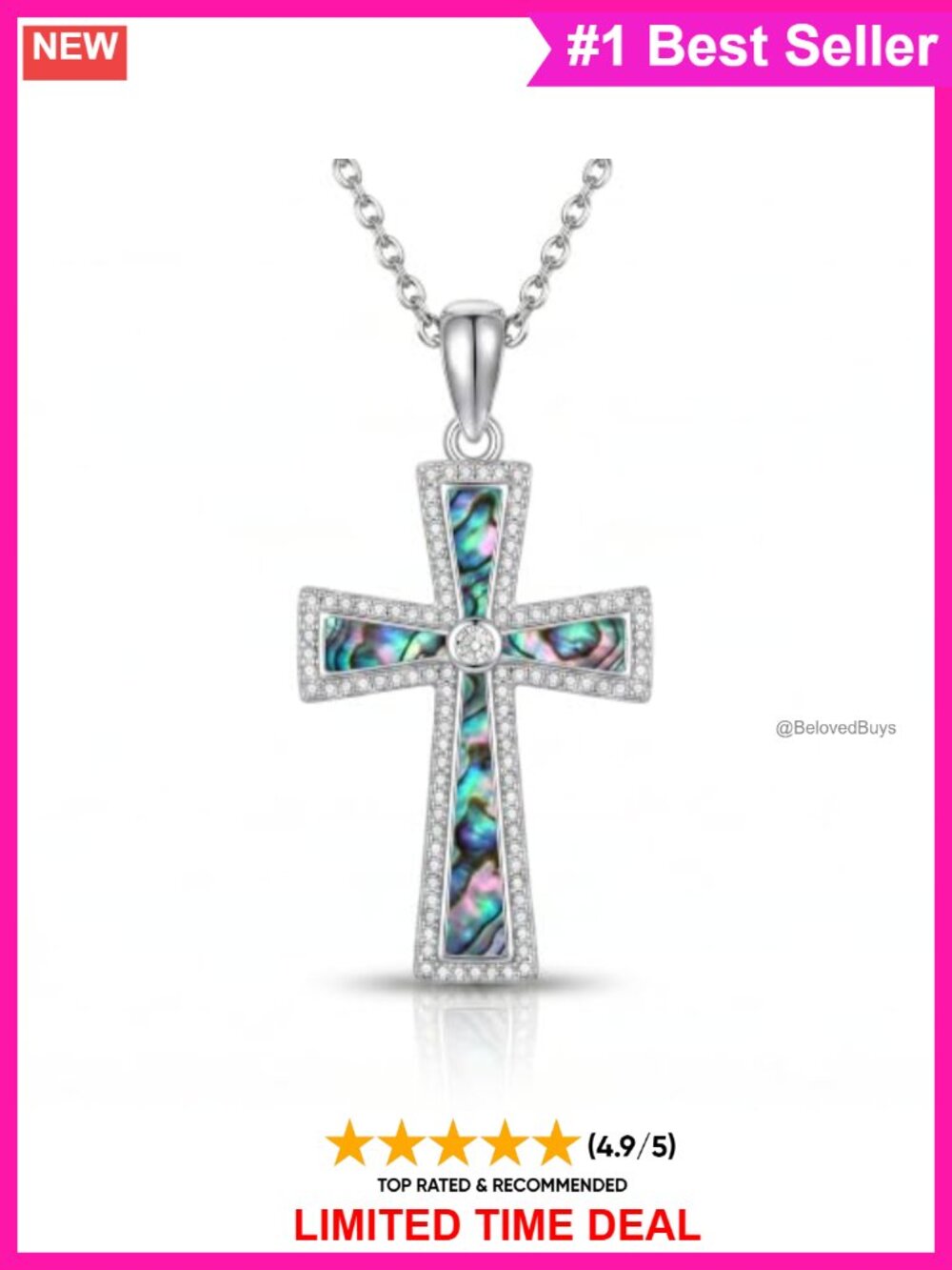 Abalone Shell Cross Pendant Necklace 18+2 Inch Lobster Clasp Gift Box